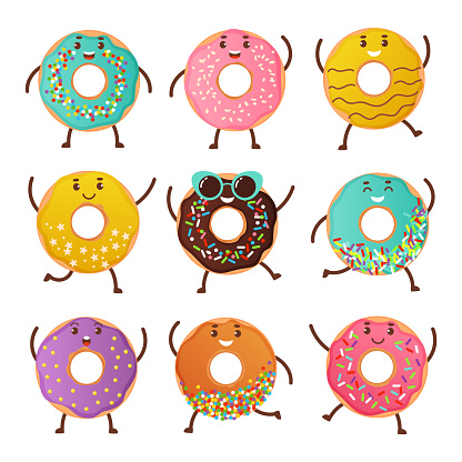 Happy donut characters. Cartoon sweet round desserts. Smiling food mascots waving hands. Isolated baked products set decorated with colorful glaze and chocolate. Vector cheerful funny confectionery