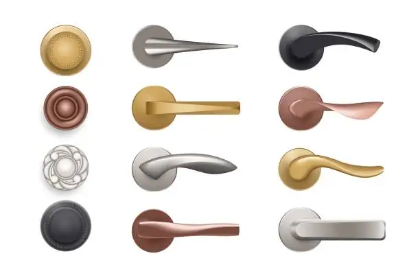 Vector illustration of Door knob. Realistic handles. Bronze and golden furniture for doorways. Silver or black decorative elements. Objects for entry in room. Vector round door-handles or with lever arms
