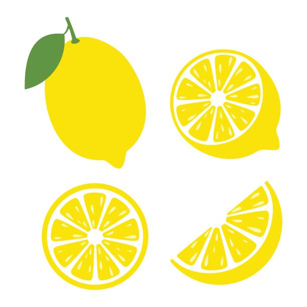 ilustraciones, imágenes clip art, dibujos animados e iconos de stock de frutas de limón fresco, conjunto de ilustraciones vectoriales de iconos de limón - slice of lemon