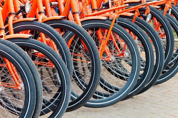 istock Row of orange Dutch rental bicycles 1324710819