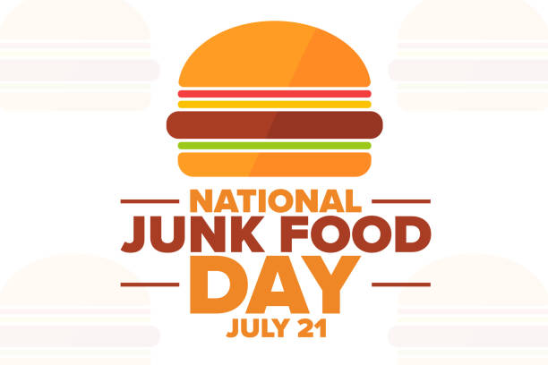 ilustrações, clipart, desenhos animados e ícones de dia nacional da junk food. 21 de julho. conceito de feriado. modelo para fundo, banner, cartão, pôster com inscrição de texto. ilustração vetorial eps10. - unhealthy eating