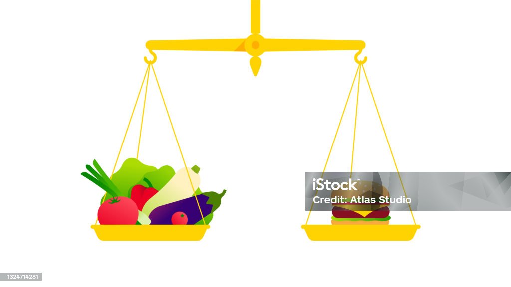 Healthy Food Concept The Balance Scales With Vegetables And Junk Food Stock  Illustration - Download Image Now - iStock