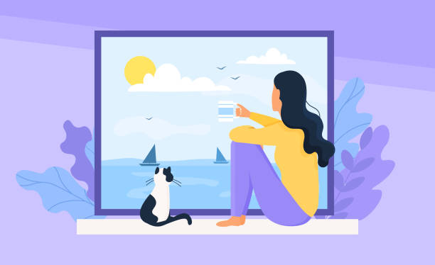 Girl near window Young cute thoughtful girl with cat sitting on the windowsill, drinks tea or coffee and looking out the window at home. Relaxation, thinking, meditating concept. Flart cartoon vector illustration meditation room stock illustrations