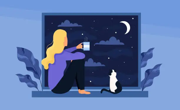 Vector illustration of Young cute girl with cat sitting