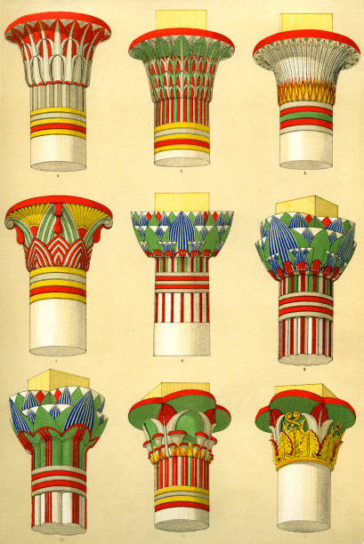 ilustraciones, imágenes clip art, dibujos animados e iconos de stock de ornamento egipcio : capiteles de columnas, mostrando las diversas aplicaciones del loto y papiro -xxxl con muchos detalles- - egypt egyptian culture column ancient egyptian culture