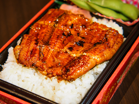 Unadon or Grilled eel with soy sauce on Japanese steamed rice in a bento set. Japanese traditional food.