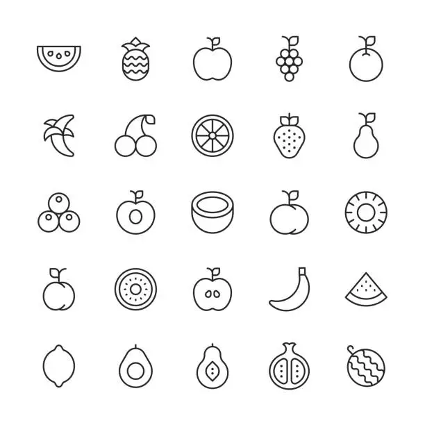Vector illustration of Fruits Line Icons. Editable Stroke. Contains such icons as Apple, Banana, Blueberry, Cherry, Coconut, Diet, Ecology, Exotic, Fruit, Grapes, Kiwi, Lemon, Mango, Orange, Peach, Pear, Pineapple, Plum, Pomegranate, Strawberry, Vegan, Vegetarian, Watermelon.