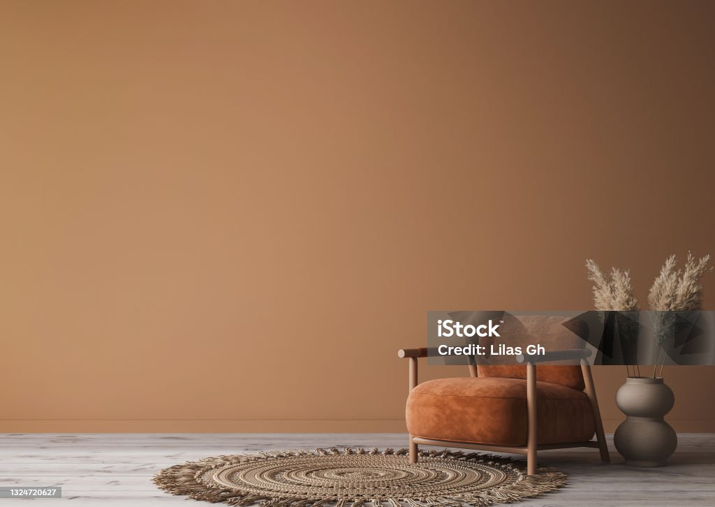 Cozy home interior with wooden furniture on brown background, empty wall mockup in boho decoration Cozy home interior with wooden furniture on brown background, empty wall mockup in boho decoration, 3d render Boho Stock Photo
