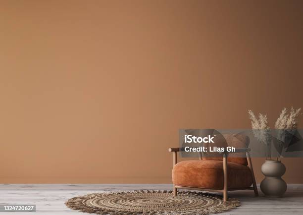 Cozy Home Interior With Wooden Furniture On Brown Background Empty Wall Mockup In Boho Decoration Stock Photo - Download Image Now