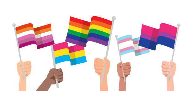 ilustraciones, imágenes clip art, dibujos animados e iconos de stock de manos con bandera lgbtq aisladas sobre fondo blanco. - light waving rainbow vector