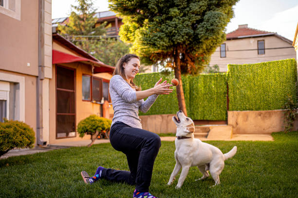 istock Fun time. Girl playing with her dog in the backyard 1324722836