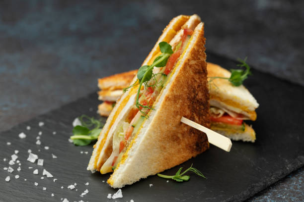 Toasted sandwich with chicken fillet, cheese, salad, cucumber and tomatoes on a black slate board stock photo