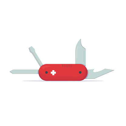 Red swiss army knife. Multi Tool concept. Classic swiss knife with tools.