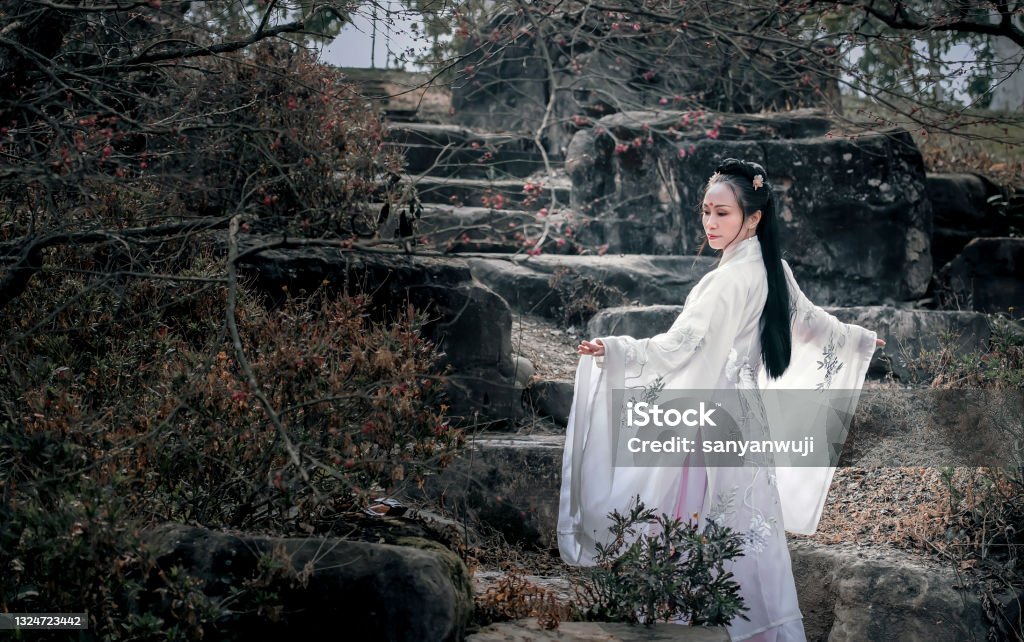 A woman in Chinese hanfu A woman dressed in traditional Chinese hanfu stands under a red plum tree 50-54 Years Stock Photo