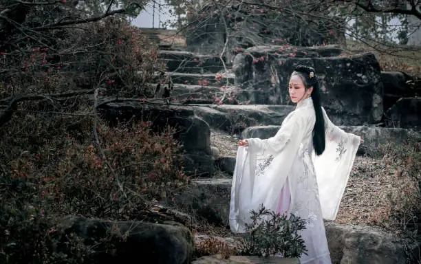 A woman dressed in traditional Chinese hanfu stands under a red plum tree