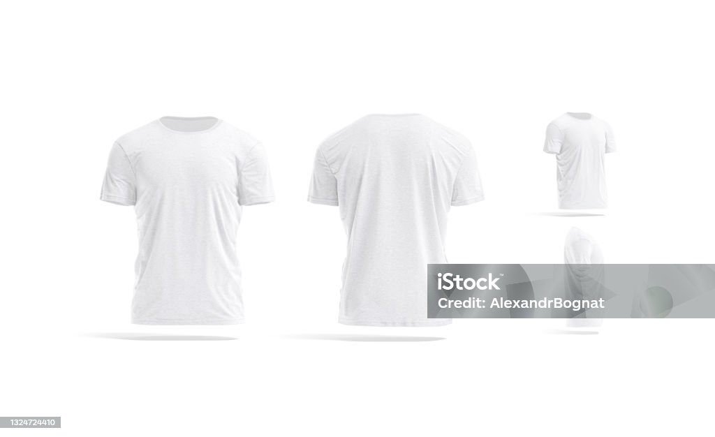 Blank white wrinkled t-shirt mock up, different views Blank white wrinkled t-shirt mock up, different views, 3d rendering. Empty classic undervest tshirt with neckline mockup, isolated. Clear cloth crumpled apparel template. T-Shirt Stock Photo