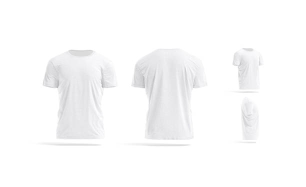 Blank white wrinkled t-shirt mock up, different views Blank white wrinkled t-shirt mock up, different views, 3d rendering. Empty classic undervest tshirt with neckline mockup, isolated. Clear cloth crumpled apparel template. template stock pictures, royalty-free photos & images