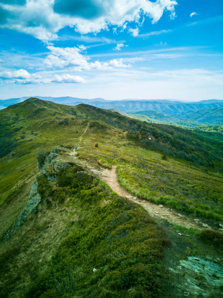 Trail in the Bieszczady mountains trail in the mountains, Bieszczady, Poland.
The path leads through mountain peaks, green hills, grass and bushes, wild nature. Trail running and hiking. bieszczady mountains stock pictures, royalty-free photos & images