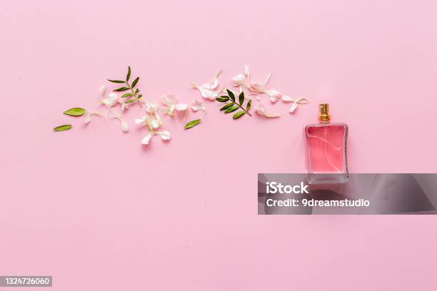 Perfume Bottle Flat Lay With Fragrance Ingredients Top View Stock Photo - Download Image Now