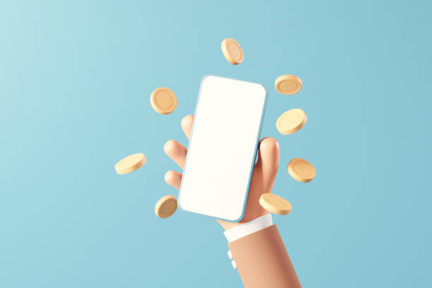 hand von geschäftsmann hält mock-up-smartphone umgeben von goldenen münze auf blauem hintergrund. - digital wallet stock-fotos und bilder