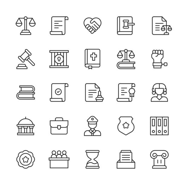 Law and Justice Line Icons. Editable Stroke. Contains such icons as Agreement, Attorney, Constitution, Courtroom, Equality, Fingerprint, Government, Insurance, Judge, Jury, Legal System, Police, Politics, Prison, Protest, Security, Verdict. vector art illustration