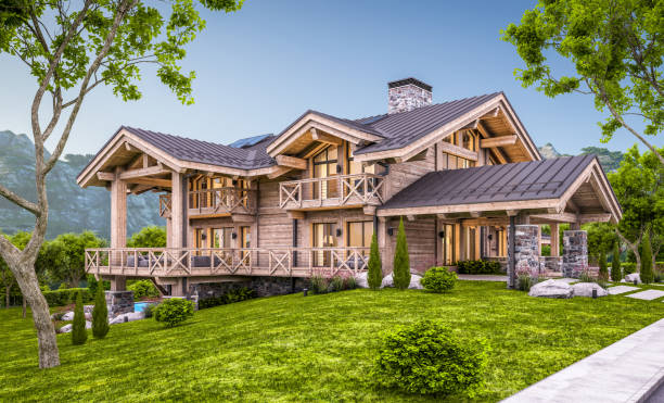istock 3d rendering of modern cozy chalet in evening 1324729890