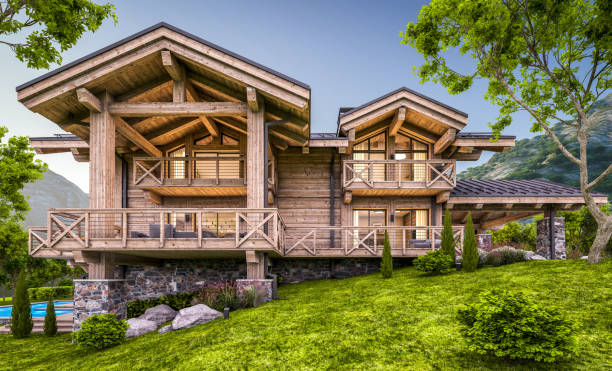 istock 3d rendering of modern cozy chalet in evening 1324730017