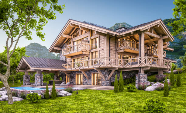 istock 3d rendering of modern cozy chalet in evening 1324730040