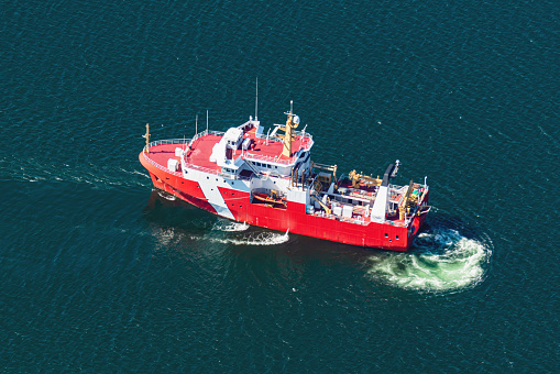 Aerial view of a Canadian coast guard vessel.