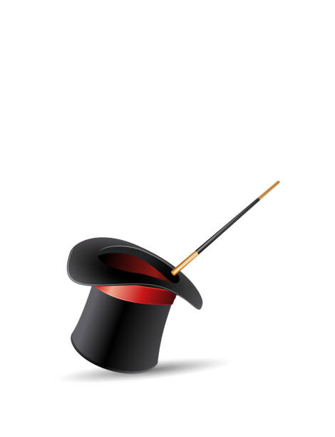 istock Magic hat and wand with sparkles. Magical stars glow. Vector illustration realistic design. Isolated on white background. 1324730662
