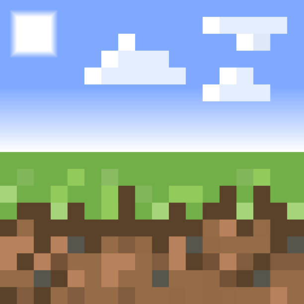 Pixel minecraft style land background. Concept of game ground pixelated horizontal background with blue sky, sun, cloud. Vector illustration vector art illustration