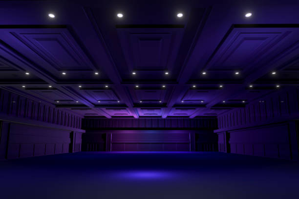 sala de convenciones vacía con escenario. el telón de fondo de las gradas de exposición, elementos de la cabina. sala de reuniones para la conferencia. gran arena para el entretenimiento, concierto, evento. salón de baile.3d render. - seminar business convention center meeting fotografías e imágenes de stock