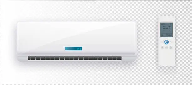 Vector illustration of Climate system with vector illustration of air conditioner. Vector air conditioner on transparent background.