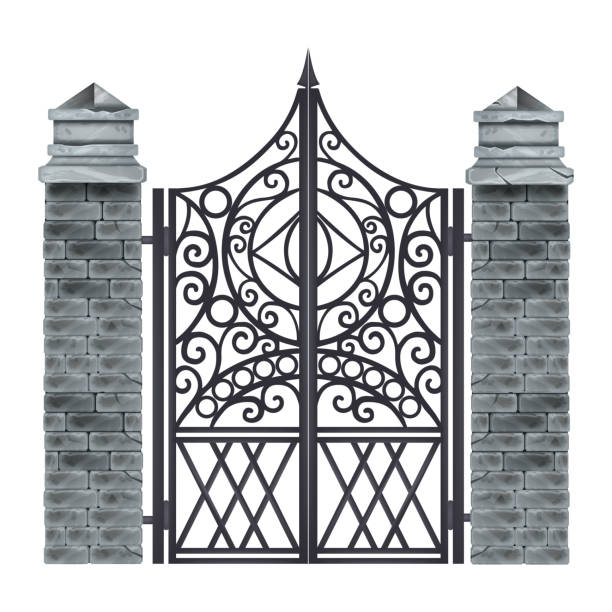istock Vintage iron gate, vector metal wrought mansion entrance, gray stone pillars, brick columns on white. 1324733513