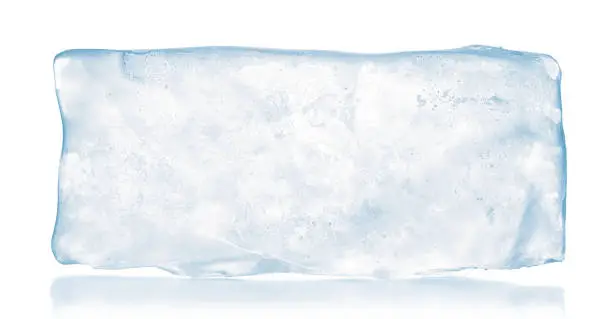 Photo of A translucent rectangular block of pure ice, isolated on white background. Purity and freshness concept.