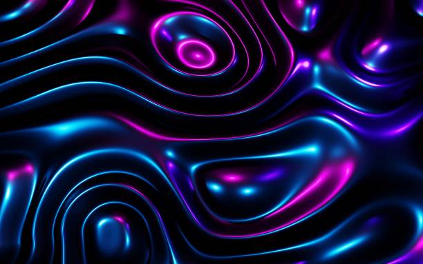 istock Abstract neon geometric background. Wavy gradient liquid round shape, glossy texture purple blue fluid flow. Dynamic 3d illustration surface for banner or poster design, trendy dark pattern wallpapers 1324737454