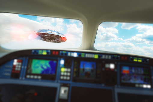 UFO flying in front of airplane. 3D generated image.