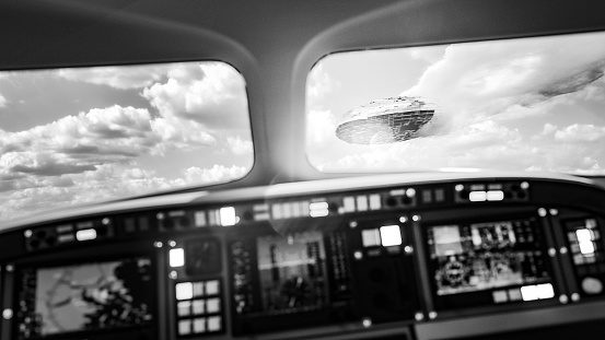 UFO flying in front of airplane. 3D generated image.
