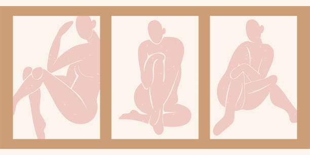 ilustrações, clipart, desenhos animados e ícones de silhuetas desenhadas de mulheres em diferentes poses sentadas em cores pastel isoladas no branco. - the human body body women naked