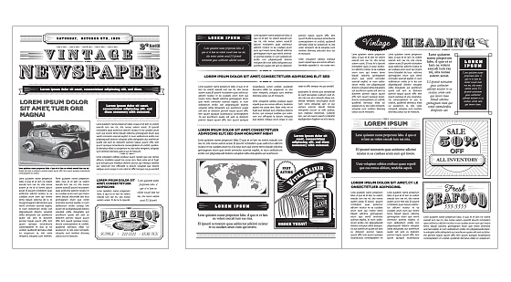 Vector illustration of a front page of an old newspaper and inside pages. Use this layout template to design your own custom newspaper. Includes sample masthead, text headlines, advertisements and copy. Also includes design elements such as vintage automobile, hand pointing, bait shop, elixir medicine ad, world map and fresh seafood ad. White background. Separate layers for easy editing.