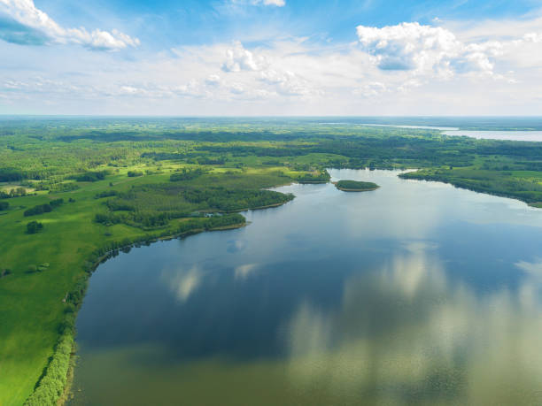 Beautiful landscape on the Braslav Lakes from a drone on a sunny day with a sky with clouds, Belarus Beautiful landscape on the Braslav Lakes from a drone on a sunny day with a sky with clouds, Belarus braslav lakes stock pictures, royalty-free photos & images