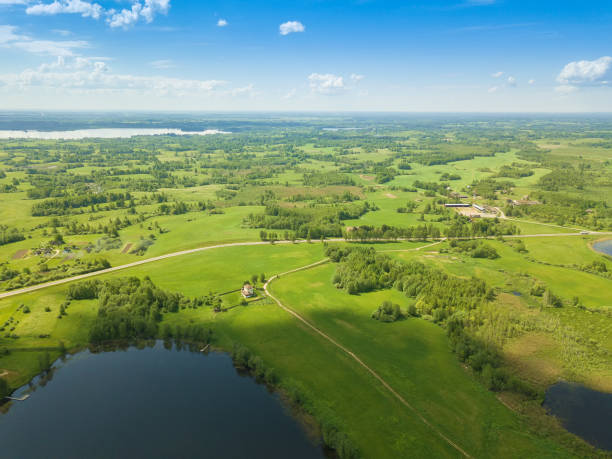 Beautiful landscape on the Braslav Lakes from a drone on a sunny day with a sky with clouds, Belarus Beautiful landscape on the Braslav Lakes from a drone on a sunny day with a sky with clouds, Belarus braslav lakes stock pictures, royalty-free photos & images