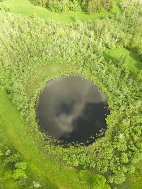Drone view of the round lake Bozhye Oko or Devil's Eye in the Braslav region on a sunny summer day, Belarus. Vertical photo Drone view of the round lake Bozhye Oko or Devil's Eye in the Braslav region on a sunny summer day, Belarus. Vertical photo braslav lakes stock pictures, royalty-free photos & images