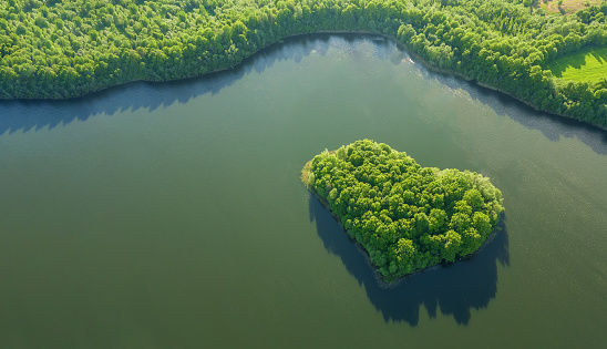 View from the drone to the island formed in the form of a green heart surrounded by water, a lake. Beautiful landscape with a drone on an interesting lake