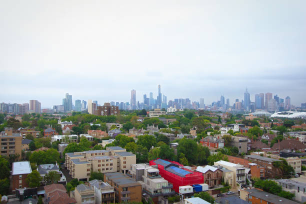 cityscape image of melbourne cbd high rise buildings, australia - melbourne cityscape clear sky day imagens e fotografias de stock