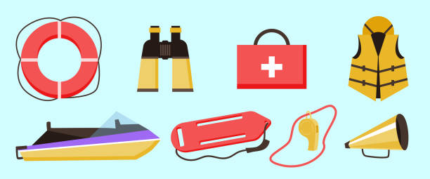 Set equipment of lifeguard for rescue and medical first aid of drowning. Set for professional lifeguard work on sea or ocean beach. Equipment for rescue and medical first aid of drowning. Flat cartoon vector isolated illustrations. whistling stock illustrations