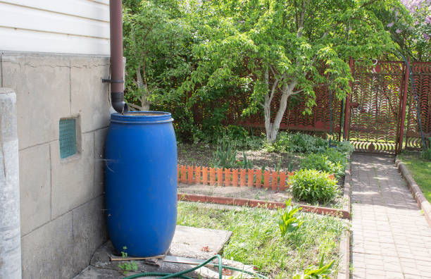 istock blue barrel with rainwater in the country 1324746485