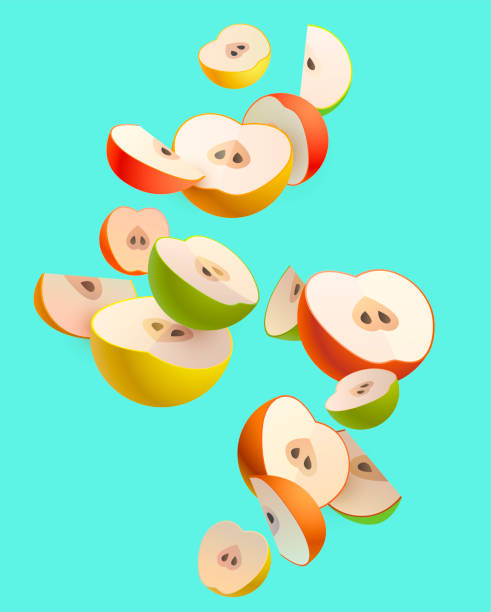 Colored 3D apple slices Vector colored apple slices on blue background. Stylized 3D illustration. 2933 stock illustrations
