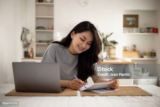 Beautiful Mongolian Woman Taking Care Of Her Finances At Home Stock Photo - Download Image Now