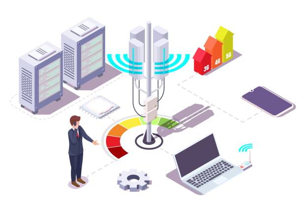 5G network wireless technology flowchart. Communication tower, server, laptop, smartphone, vector isometric illustration 5G network wireless technology flowchart, flat vector isometric illustration. 5g consumer with cellular phone, communication tower, network server, internet speed meter, laptop, smartphone. people aerial connected stock illustrations